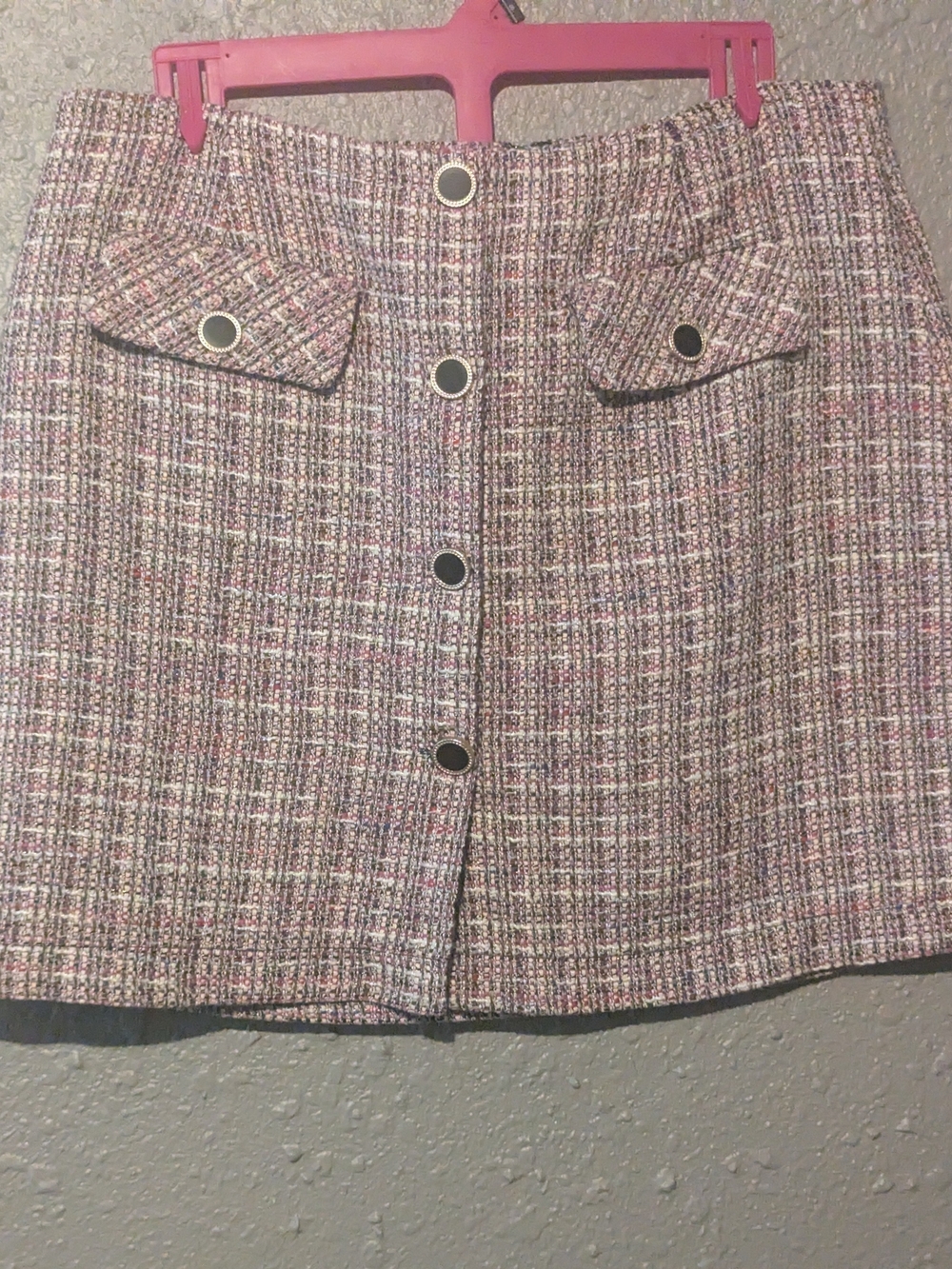 XL Cropped Tweed Button-Front Mini Skirt - Pink Multi